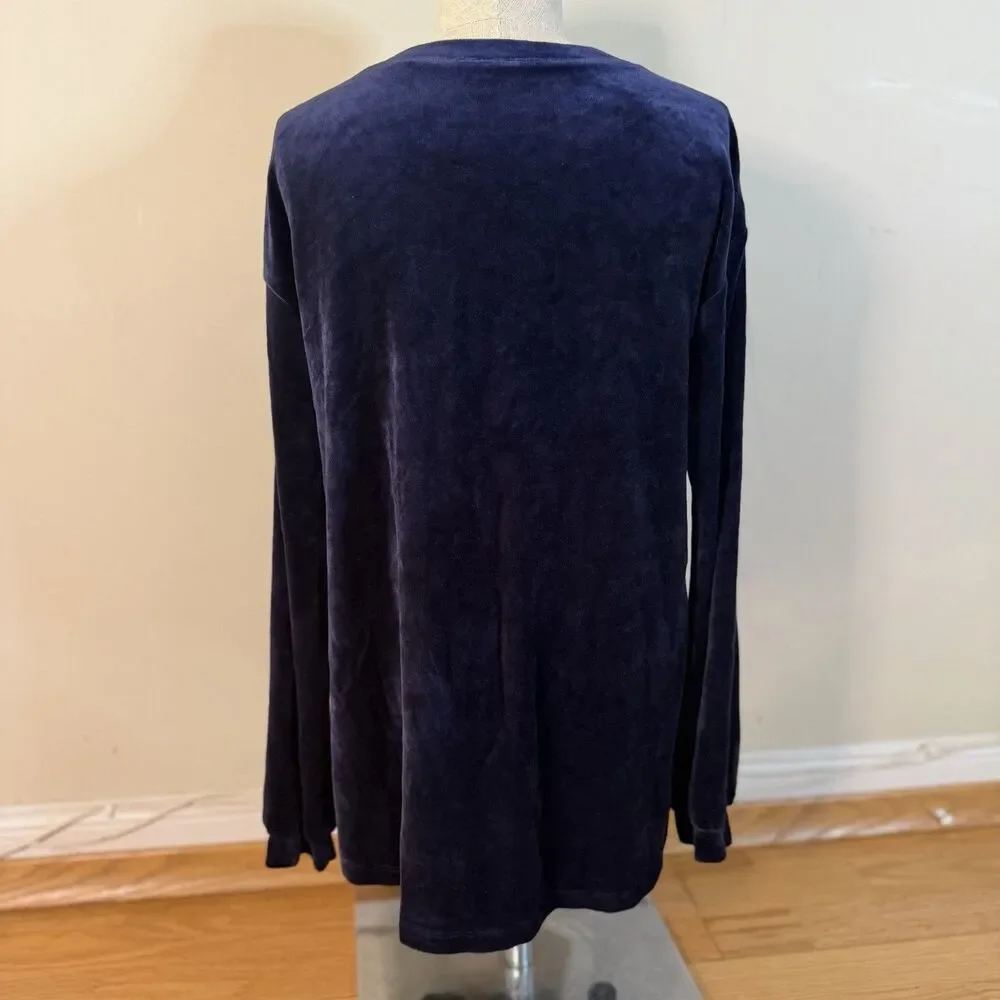Hanro $180 Long Sleeve Velour Sleepshirt Intense Blue XS Pullover Favorites Cozy